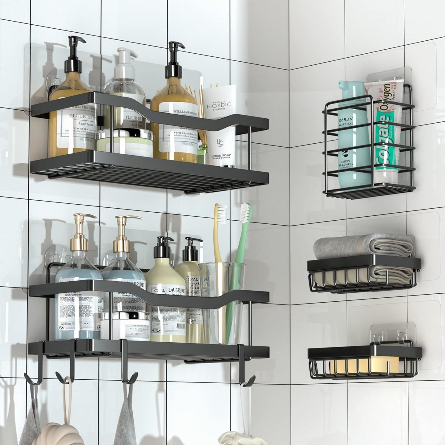 Mtanvxay 5-Pack Shower Caddy, Adhesive Bathroom Organizer, No Drilling, Large Capacity, Rustproof Stainless Steel Bathroom Shower Organizer with 4 Hooks, Shower Shelf for Inside Shower Black