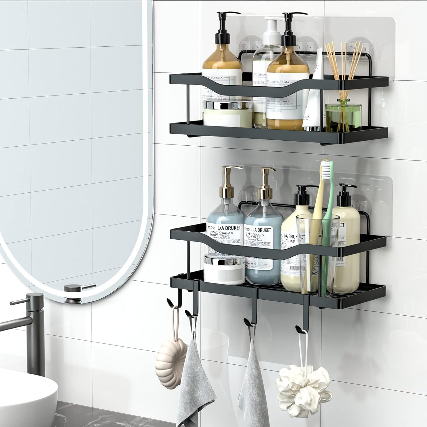 Mtanvxay 5-Pack Shower Caddy, Adhesive Bathroom Organizer, No Drilling, Large Capacity, Rustproof Stainless Steel Bathroom Shower Organizer with 4 Hooks, Shower Shelf for Inside Shower Black