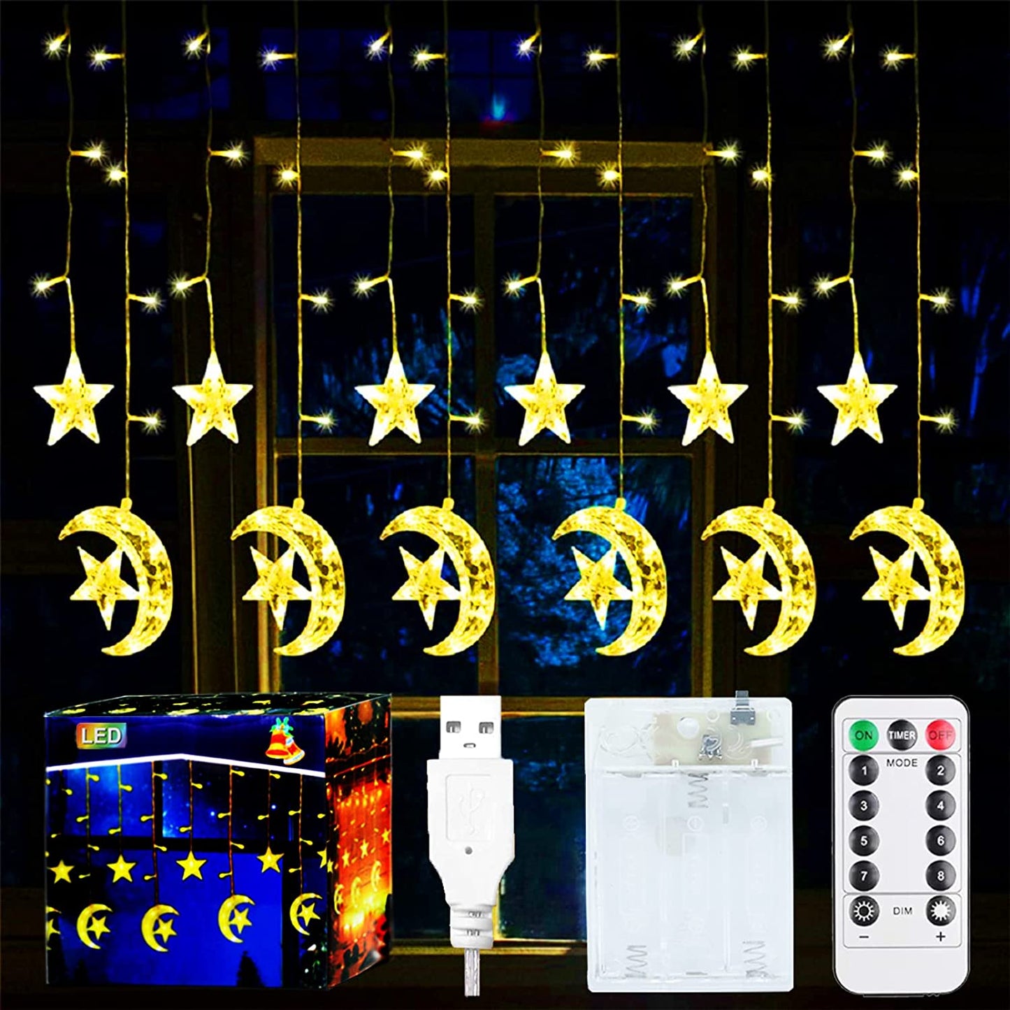 Tiokkss Star Moon Curtain String Lights, 3.5M Christmas Decoration Window Lights with 8 Flashing Modes, Remote Control, USB and Battery Box Powered Wedding, Party, Home Decorations (Warm White)