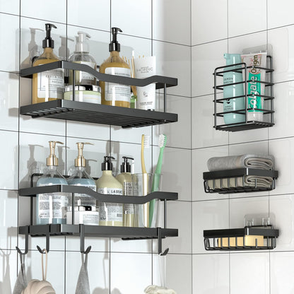 Mtanvxay 5-Pack Shower Caddy, Adhesive Bathroom Organizer, No Drilling, Large Capacity, Rustproof Stainless Steel Bathroom Shower Organizer with 4 Hooks, Shower Shelf for Inside Shower Black