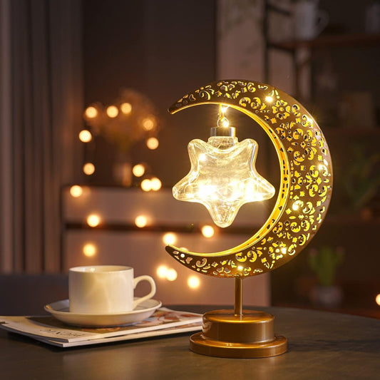 Ramadan Decorations Moon Table Lamp, Ramadan Decoration for Home Moon LED Desk Lamp, Ramadan Lights for Bedroom, Crescent Moon Night Lamp, Battery Operated Table Lamp for Home Decor (Star-B)