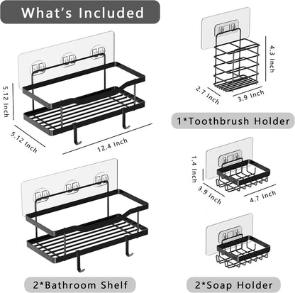 Mtanvxay 5-Pack Shower Caddy, Adhesive Bathroom Organizer, No Drilling, Large Capacity, Rustproof Stainless Steel Bathroom Shower Organizer with 4 Hooks, Shower Shelf for Inside Shower Black