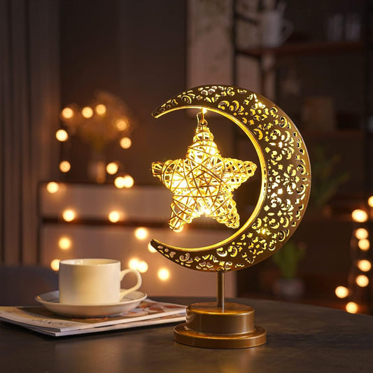 Ramadan Decorations Moon Table Lamp, Ramadan Decoration for Home Moon LED Desk Lamp, Ramadan Lights for Bedroom, Crescent Moon Night Lamp, Battery Operated Table Lamp for Home Decor (Star-A)