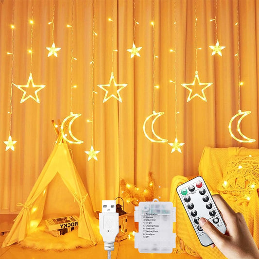 Tiokkss Ramadan Decorations 3.5M Curtain Lights, Stars and Moon Window Ramadan Lights 8 Modes USB and Battery Powered, 138 LED Indoor Outdoor Night Light for Ramadan Home Decoration Party (Warm White)