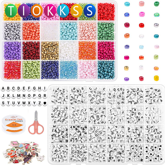 Tiokkss Bead Kits for Bracelet Making, 5200 Pcs 4mm Small Pony Seed Beads for Jewelry Supplies with Alphabet Letter Beads Elastic String Cords Pendant Charms for Kids DIY Necklaces Art Crafting