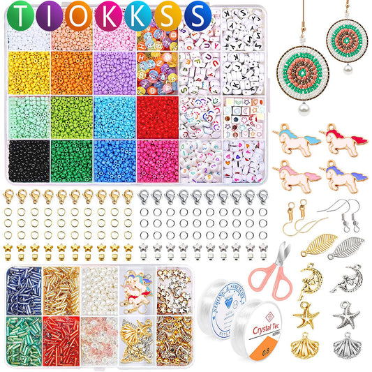 Tiokkss Beads for Jewellery Making, 4mm Seed Beads Set for Bracelet Making, DIY Bracelets Necklace Ring Making Kits Decorations, Charms Pendants DIY Art Craft Kit for Girls