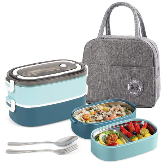 Tiokkss Lunch Box for Kids and Adults with Lunch Bag, 2 Tier Stainless Steel Bento Lunch Box with 3 Compartments and Cutlery (Spoon & Fork), Leakproof | BFA Free | Dishwasher Safe (Blue)