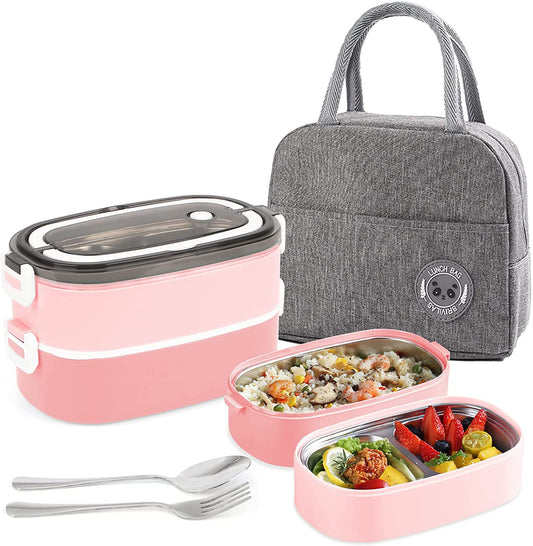 Tiokkss Lunch Box for Kids and Adults with Lunch Bag, 2 Tier Stainless Steel Bento Lunch Box with 3 Compartments and Cutlery (Spoon & Fork), Leakproof | BFA Free | Dishwasher Safe (Pink)