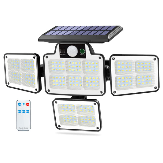 Solar Light Outdoor with Motion Sensor, Tiokkss Security Lights with Remote Control 4 Rotatable Heads 228 LEDs 7000K IP65 Waterproof Flood Lights for Garage Yard Garden (1Pack)