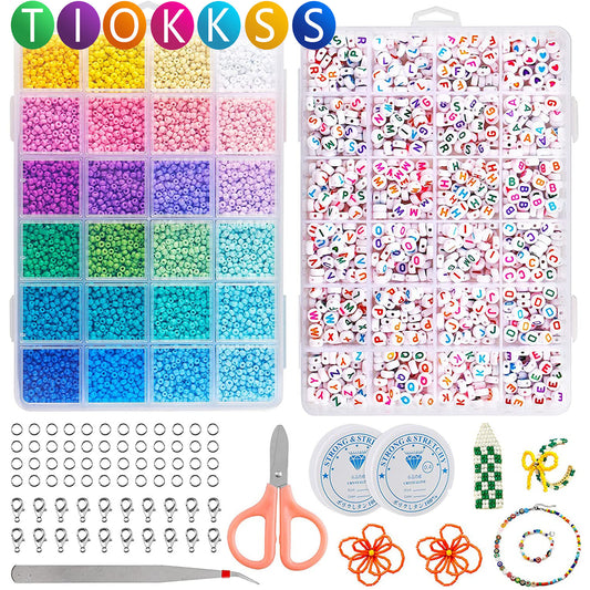 Tiokkss Beads for Jewelry Making, 12000 Pcs 3mm Glass Seed Beads with 1200 Pcs Alphabet Letter Beads for Jewelry Bracelets Making and Crafts with Accessories DIY Material