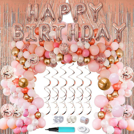 Tiokkss 144 Pcs Birthday Party Decorations/Balloon Arch kit with Rose Gold Balloons /Birthday Banner/6.6 Ft Metallic Foil Curtains/Hanging Swirl And Balloon Garland Kit Accessories for Party Decorations