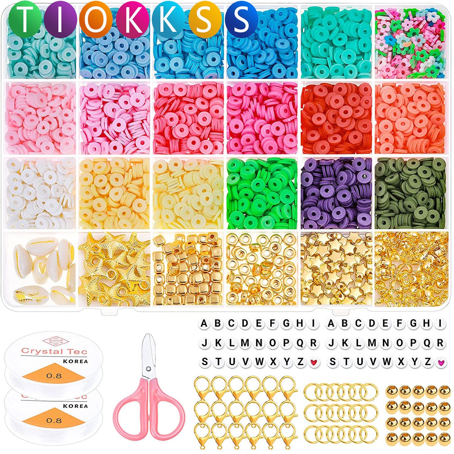 Tiokkss 5080 Pcs Polymer Clay Beads Set, 4500 Pcs Flat Beads with 250 Pcs Letter Beads, 200 Pcs Golden Beads, 6 mm Heishi Clay Beads Crafts for DIY Jewellery Bracelets Making Kit