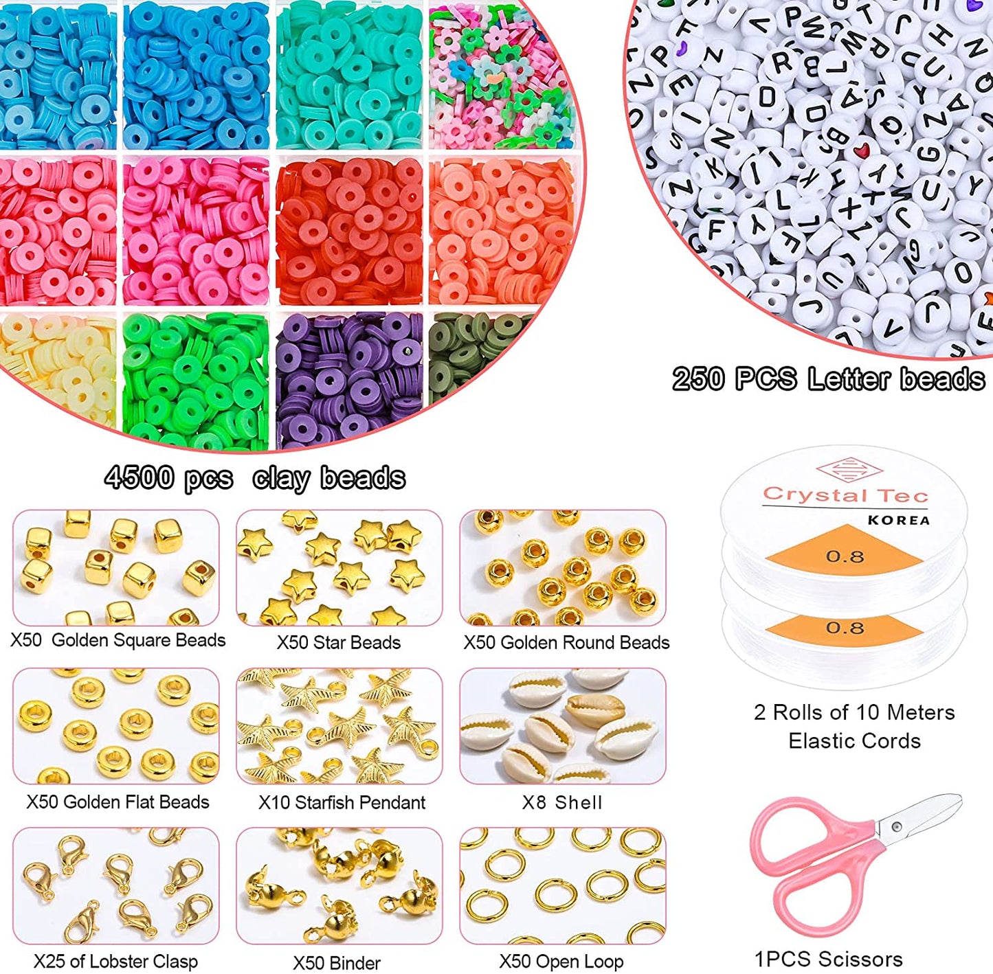 Tiokkss 5080 Pcs Polymer Clay Beads Set, 4500 Pcs Flat Beads with 250 Pcs Letter Beads, 200 Pcs Golden Beads, 6 mm Heishi Clay Beads Crafts for DIY Jewellery Bracelets Making Kit