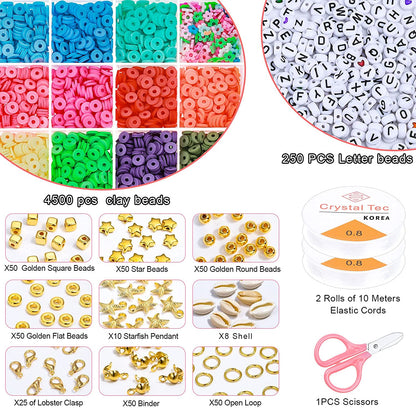 Tiokkss 5080 Pcs Polymer Clay Beads Set, 4500 Pcs Flat Beads with 250 Pcs Letter Beads, 200 Pcs Golden Beads, 6 mm Heishi Clay Beads Crafts for DIY Jewellery Bracelets Making Kit