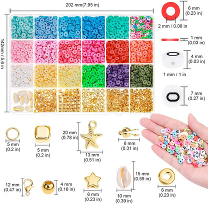 Tiokkss 5080 Pcs Polymer Clay Beads Set, 4500 Pcs Flat Beads with 250 Pcs Letter Beads, 200 Pcs Golden Beads, 6 mm Heishi Clay Beads Crafts for DIY Jewellery Bracelets Making Kit