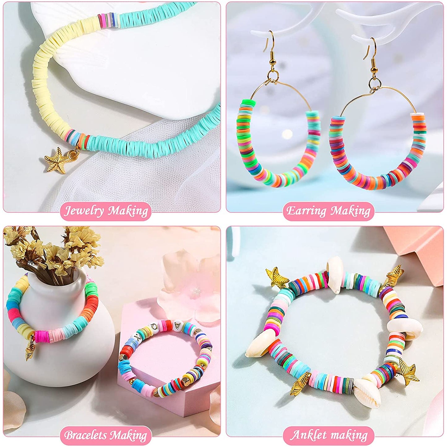 Tiokkss 5080 Pcs Polymer Clay Beads Set, 4500 Pcs Flat Beads with 250 Pcs Letter Beads, 200 Pcs Golden Beads, 6 mm Heishi Clay Beads Crafts for DIY Jewellery Bracelets Making Kit