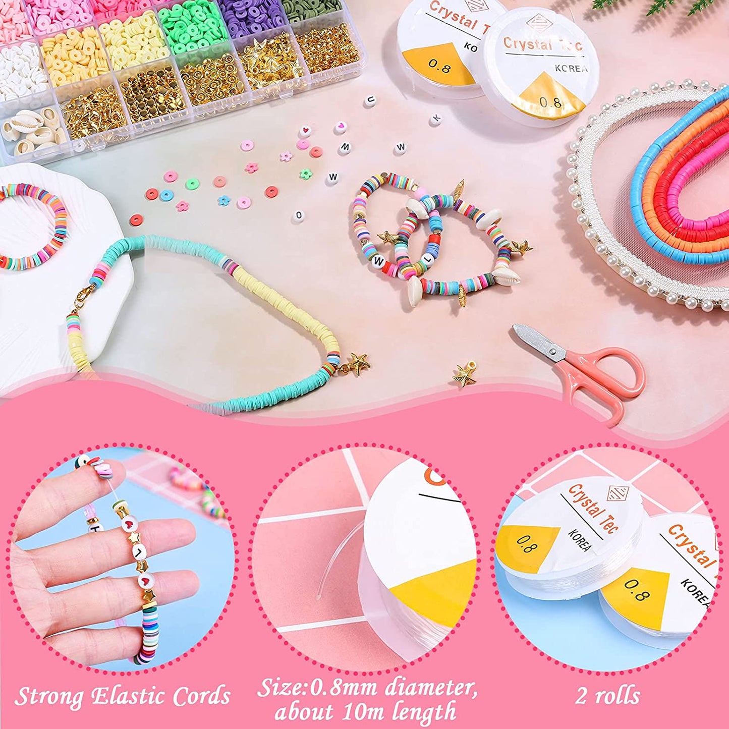 Tiokkss 5080 Pcs Polymer Clay Beads Set, 4500 Pcs Flat Beads with 250 Pcs Letter Beads, 200 Pcs Golden Beads, 6 mm Heishi Clay Beads Crafts for DIY Jewellery Bracelets Making Kit