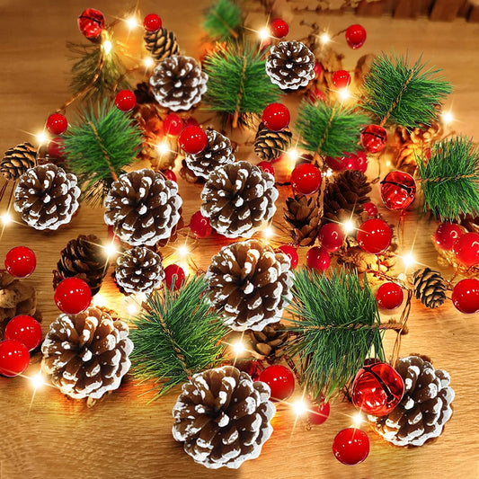 Tiokkss Christmas Decoration Garland Lights, 75 Pcs Pine Cones Jingle Bells Berries Copper Fairy Christmas Lights Battery Operated, 7FT 20LED Christmas Garland Decoration (Warm White)